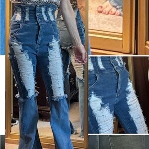 High-Waist Distressed Panel Flare Jeans - Blue size 5